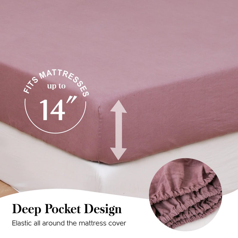 Simple&Opulence 100% Pure Linen Sheet Set King Size, Natural French Flax Solid Color 4 Pcs Washed Breathable, Farmhouse Bedding (1 Flat Sheet,1 Fitted Sheet,2 Pillowcases)-Embroidery Purple - Image 5